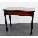 Mahogany foldover table, the rectangular top above a single drawer raised on square legs and