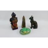Mixed lot to include an Art Deco stoneware scarab beetle, a painted plaster Pharaoh head, an