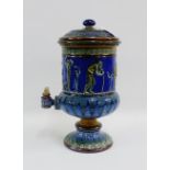 Doulton & Co, Lambeth, glazed stoneware water filter and cover, the blue glazed body moulded with