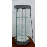 Glazed hexagonal display case with shelved and mirrored interior, 88 x 40cm