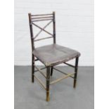 Bamboo framed side chair with a worn leather stuff over seat, 85 x 48cm