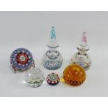 Two Perthshire Millefiore scent bottle and stoppers, together with four glass paperweights, (6)