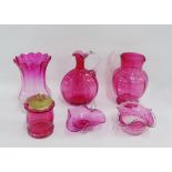 Collection of Victorian cranberry glass water jugs, carafes, vases, bowls and preserve jar and