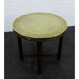 Benares style table with brass top, 56 x 60cm