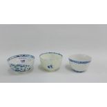 Three 18th century English porcelain blue and white tea bowls, one in the manner of Lowestoft, (3)