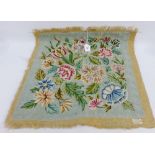 Crewel work floral panel with the Cashmere Government Art Emporium stitch label, 50 x 50cm