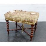 19th century mahogany bobbin turned stool with cross stretcher and upholstered seat, 45 x 50cm