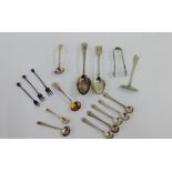 A collection of various 19th century and later silver spoons, pickle forks and condiment spoons, etc