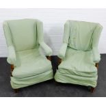 Pair of open armchairs with green upholstered seat covers, 92 x 62cm, (2)