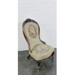 Mahogany framed bedroom chair with tapestry back and seat on short cabriole legs and ceramic