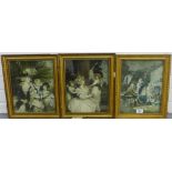 Group of three coloured prints in glazed giltwood frames, 22 x 28cm, (3)