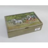 White box, the hinged lid inset with a hand painted panel of a horse and carriage with two lady