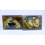 Companion pair of 'brass roots' metal etchings, 40 x 30cm, (2)