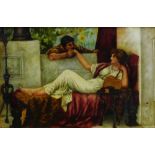 Oil-on-Canvas of a couple in an allegorical setting - the woman reclining with a fan, apparently