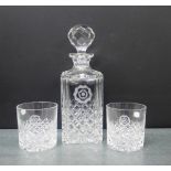 Spirit decanter and stopper, together with a set of six whisky tumblers, each with etched 'Tudor