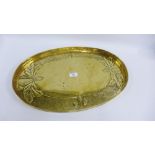 Brass Arts & Crafts oval tray with acorn and leaf pattern, 55cm long