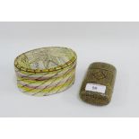Prisoner of War coloured straw box of oblong form, 12cm long, together with an oval straw work box