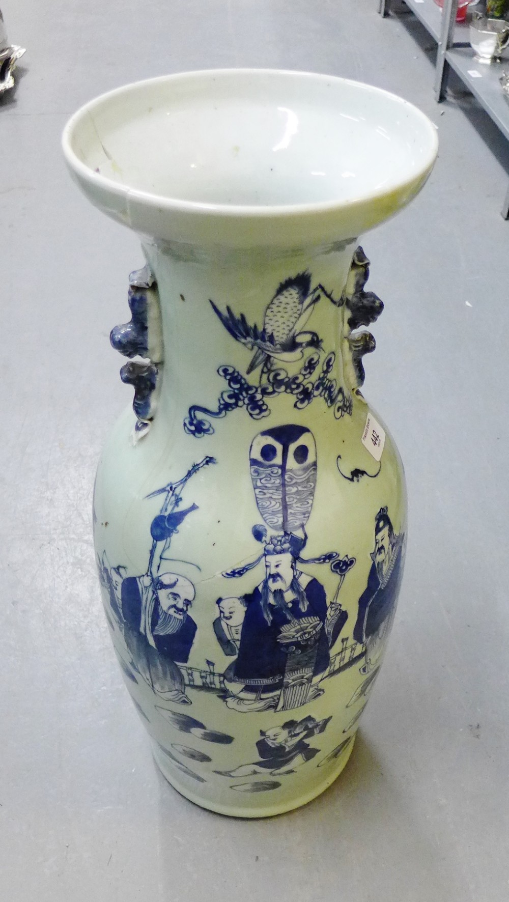 Large Chinese blue and white vase painted with figures, (damaged), 61cm high