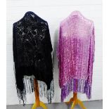 Two velvet floral patterned shawls with fringed edging, (2)