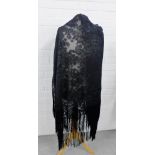 Black lace morning / piano shawl with long fringes