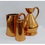 Two copper jugs and a hot water pot, tallest 32cm, (3)