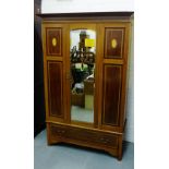 Mahogany and inlaid wardrobe with a central mirror door and long drawer to the base, 200 x 130cm