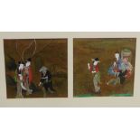 Pair of Japanese School watercolours in a single mount, unframed, 18 x 17cm, (2)