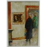 Michael Ewart 'Art Gallery' Oil-on-Board, signed, in a glazed and silver giltwood frame, 25 x 40cm