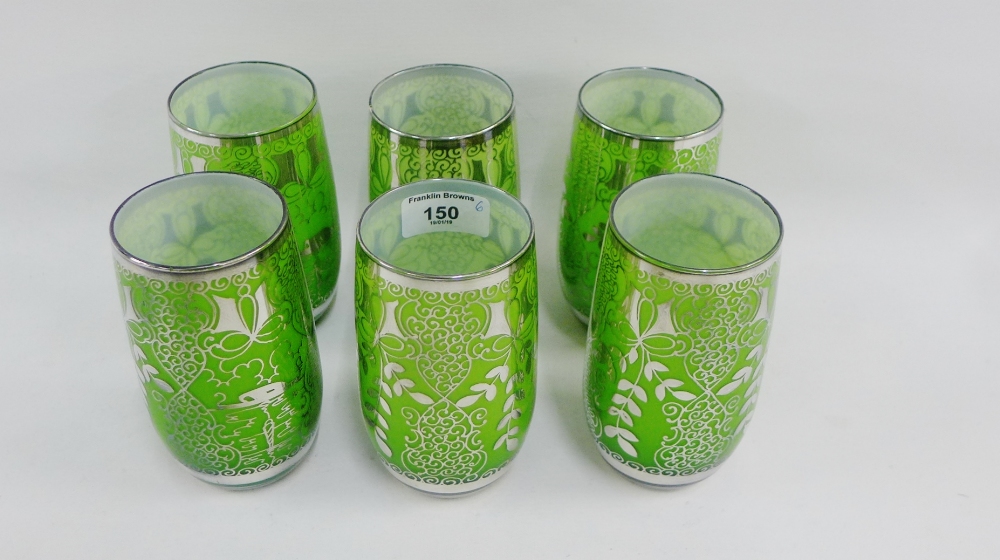 Set of six green and silver lustre glass beakers (6)