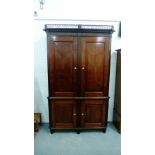 19th century Dutch mahogany display cabinet, the galleried fret work top above a dentil frieze