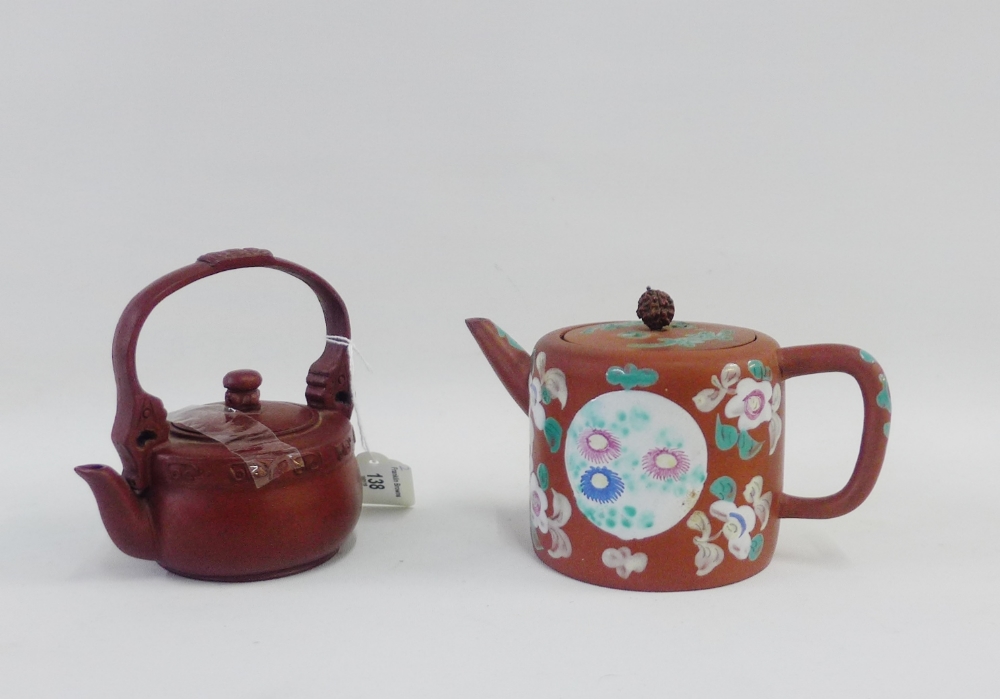 Yixing tea kettle with over handle, together with another with enamelled decoration and a