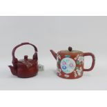 Yixing tea kettle with over handle, together with another with enamelled decoration and a