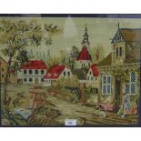 Gilt framed tapestry of a village square, 50 x 40cm