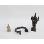 A small white metal Buddha figure 4cm high, together with a bronze patinated metal Buddha, 9cm