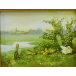 Dutch School 'Ducklings by a Pond' Oil-on-Board, apparently unsigned, in a giltwood frame, 9 x 7cm