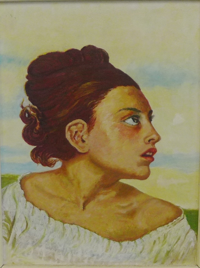 20th Century School 'Head and Shoulders Portrait of a Young Woman with Hair tied up' Oil-on-Board,