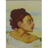 20th Century School 'Head and Shoulders Portrait of a Young Woman with Hair tied up' Oil-on-Board,