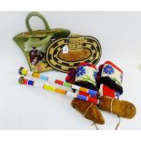 Mixed lot to include a pair of child's leather and bead work moccasin style boots, two beaded wooden