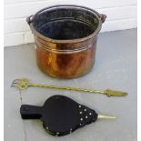 19th century brass coal bucket, set of bellows and a brass ruskin toasting fork, (3)