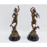Pair of bronze patinated Spelter figures, (a/f), 35cm high, (2)