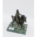 Bronzed patinated metal figure of a Roman on horseback on a rectangular hardstone base, 19cm high