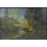 H.T. Wyse 'River Scene with Bridge and Figures' Pastel, signed, in a glazed frame, 37 x 26cm