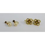 A pair of 9 carat gold knot shaped earrings and a pair of 9 carat gold and cultured pearl stud