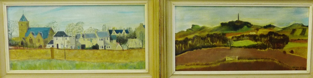 20th Century School, pair of 'Landscape' Oil-on-Boards, signed with initials indistinctly, in