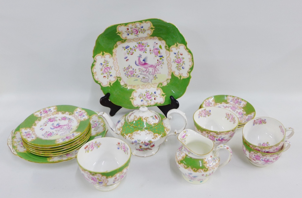 Minton 'Cockatrice' patterned part teaset, comprising six cups, six saucers, cream jugs, two sugar