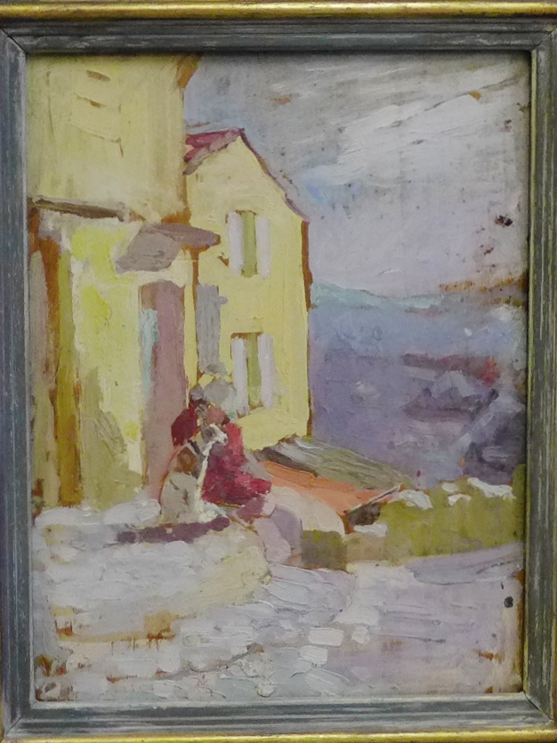 20th Century School 'Village Street with Dog and Figure' Oil-on-Board, apparently unsigned, in a