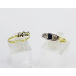 18 carat gold and platinum three stone diamond dress ring together with an 18 carat gold sapphire