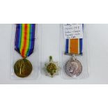 WWI War and Victory medal pair awarded to 291599 PTE E Barlow, Cheshire Regiment, with cap badge (3)