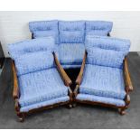 Mahogany Bergere suite with blue upholstered loose cushions, to include two seater sofa and pair