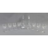 Etched glass set comprising two decanters and a set of seven glasses, (9)